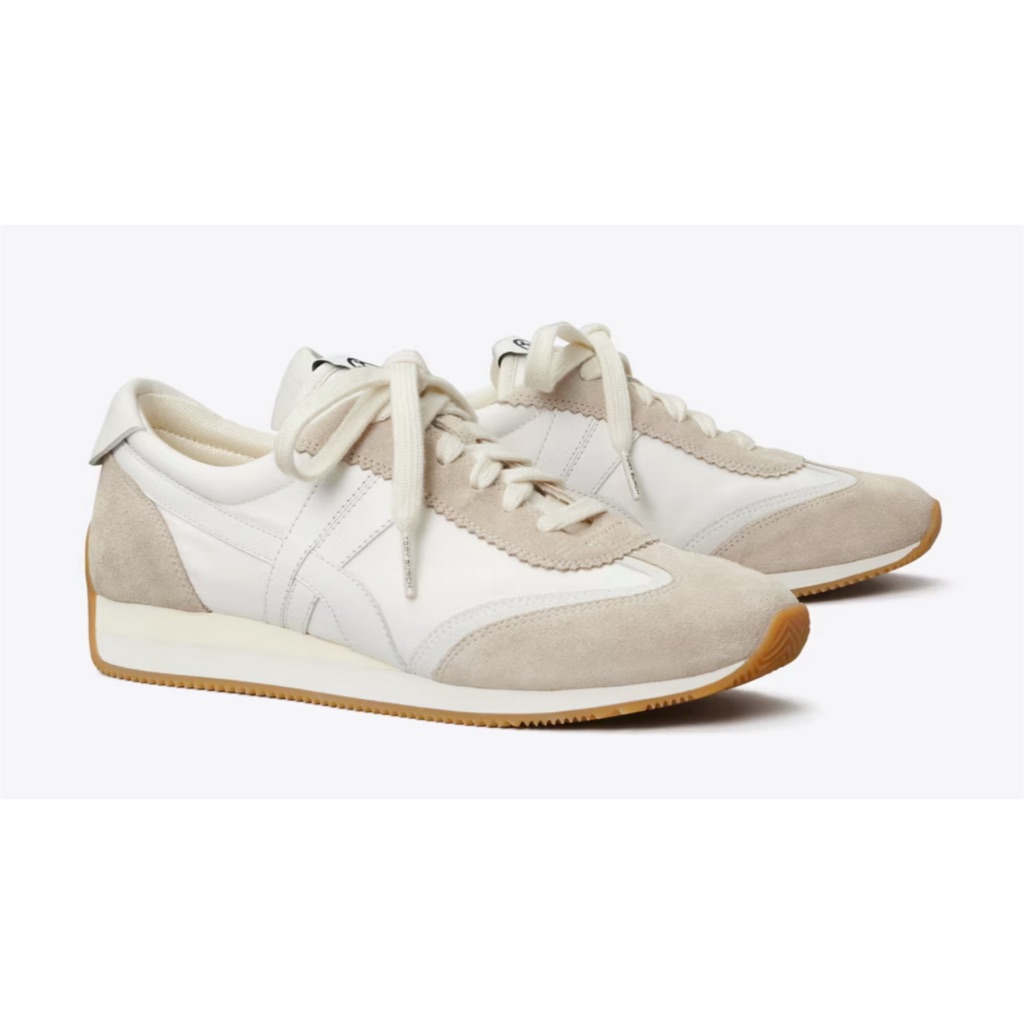 Tory Burch Hank Sneakers White Beige Nylon Suede Shoes Size 6